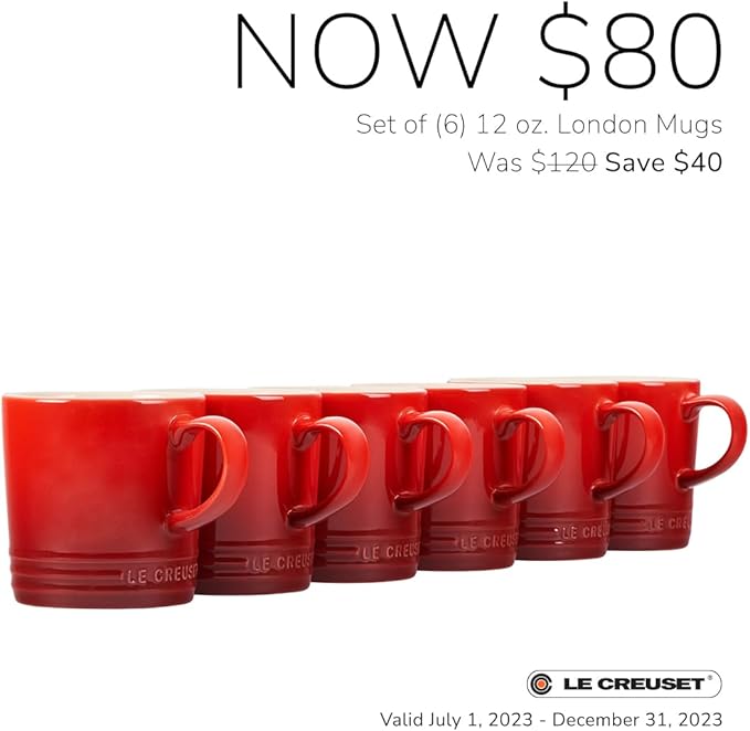 Le Creuset Stoneware Set of 6 London Mugs, 12 oz. Each, Cerise