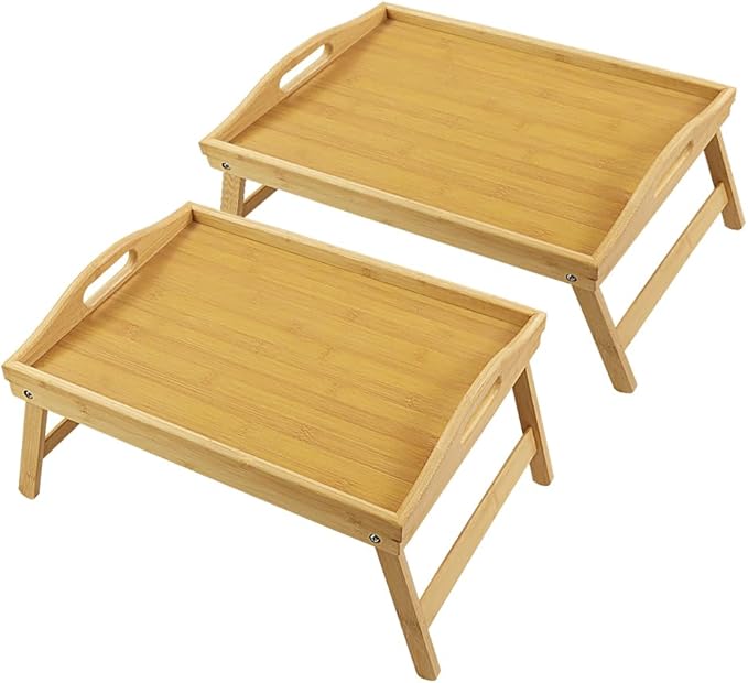 WKWKER Bamboo Bed Tray Table with Folding Legs Set of 2 Foldable Breakfast Tray Portable Serving Table Laptop Snack Drawing Breakfast Trays for Bed (Set of 2)