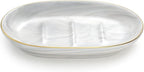 Luxspire Soap Dish Holder, Ceramic Marble Soap Tray Bar Soap Holder with Gold Trim, Oval Sponge Case Box Hand Soap Plate Container for Bathroom Vanity Shower Kitchen Sink Easy Cleaning, Marble White
