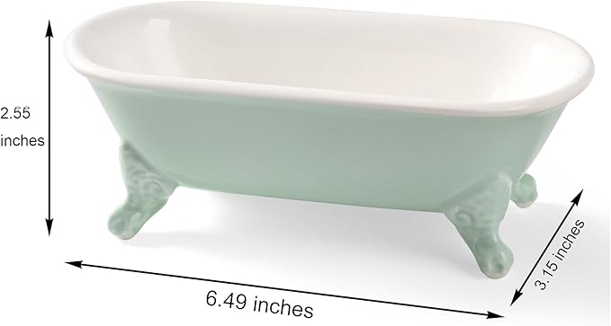 6.5" Ceramic Mini Decorative Clawfoot Bathtub Bar Soap Dish, Kitchen Sponge Holder and Shower Tray for Bathroom, 1 Pack(Bright Teal)