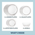 Corelle Brushed Silver 16pc, Service for 4, Dinnerware Set, 12 plates 4 bowls, Chip & Break Resistant, Dinner Plates and Dinner Bowls, Corelleware Plates