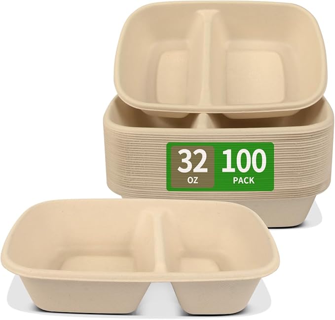 bloomoon 100 Pack 2-Compartment Paper Bowls, Divided Disposable Bowls for Chip and Dip, 2 Compartment Snack Serving Bowls for Chip and Salsa, Snack Bar Party Supplies