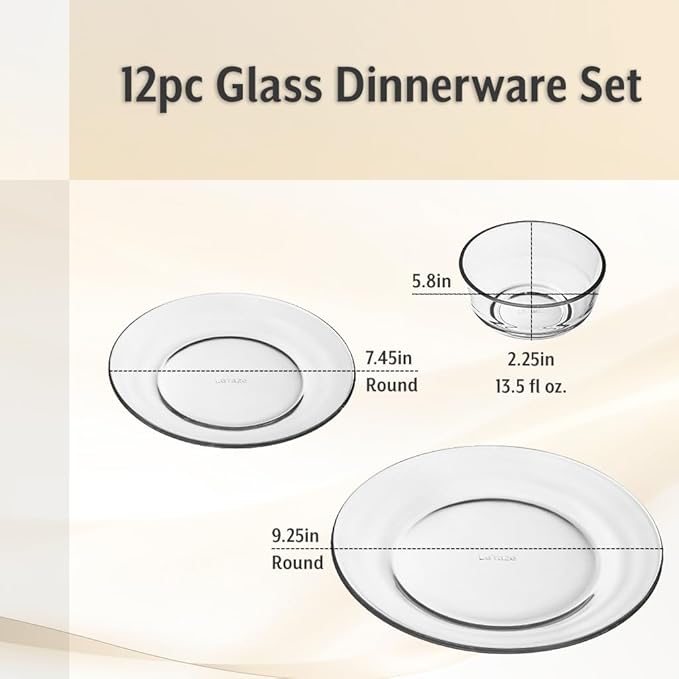 12pc Glass Dinnerware Set - Sleek Round Clear Glass Plate and Bowl Sets - Dishwasher Safe, Bread & Butter Dinner, Dessert, Salad Plates & Serving Cereal Soup Bowls Dishes for Kitchen Dining & Parties