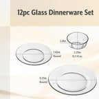 12pc Glass Dinnerware Set - Sleek Round Clear Glass Plate and Bowl Sets - Dishwasher Safe, Bread & Butter Dinner, Dessert, Salad Plates & Serving Cereal Soup Bowls Dishes for Kitchen Dining & Parties