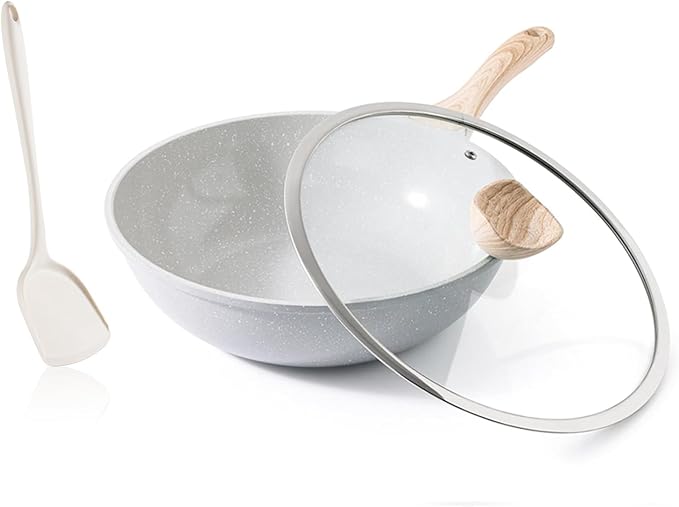 Kordisen Ceramic Wok Pan, 12 Inch Nonstick Wok with Lid, Healthy Non Toxic Woks & Stir-fry Pans for Cooking, Induction Cookware, PFOA & PFAS Free (Grey)