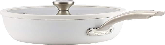 Circulon Halo with LaserDefense Ceramic Nonstick Frying Pan with Helper Handle and Lid, Made without PFAS, Compatible with All Stovetops, Dishwasher and Oven Safe, 12 Inch Skillet - Pearl White