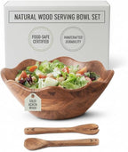 Melvvi Large Wooden Salad Bowl Set with 2 Serving Utensils | 12" Acacia Wood Bowls for Food | Great Mothers Day gift (Natural Set of 3)