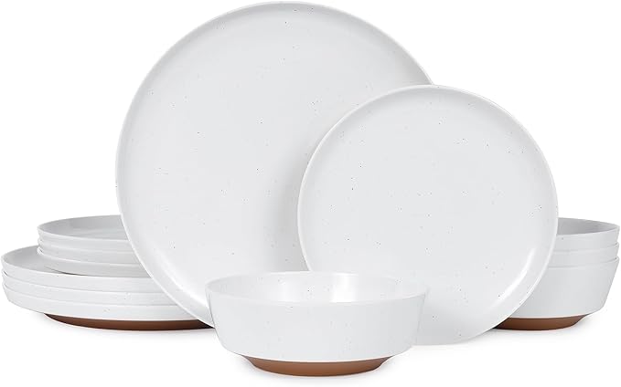 Webbylee 12-Piece Melamine Dinnerware Set for 4 – Unbreakable Plates & Bowls, BPA-Free, Lightweight, Two-Tone White & Brown, Ideal for Family Meals, Camping, Picnic, Parties
