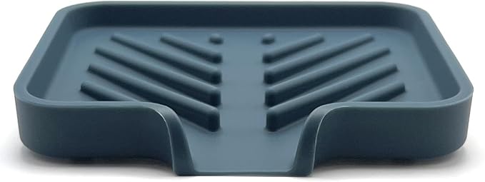 Happitasa Silicone Soap Dish Tray and Sponge Holder with Drain Chute and Feet | 3-Way Sloped Design | Bathroom and Kitchen Sink Organizer Caddy (Smoky Blue, 5"x4", 3.5 Ounces)