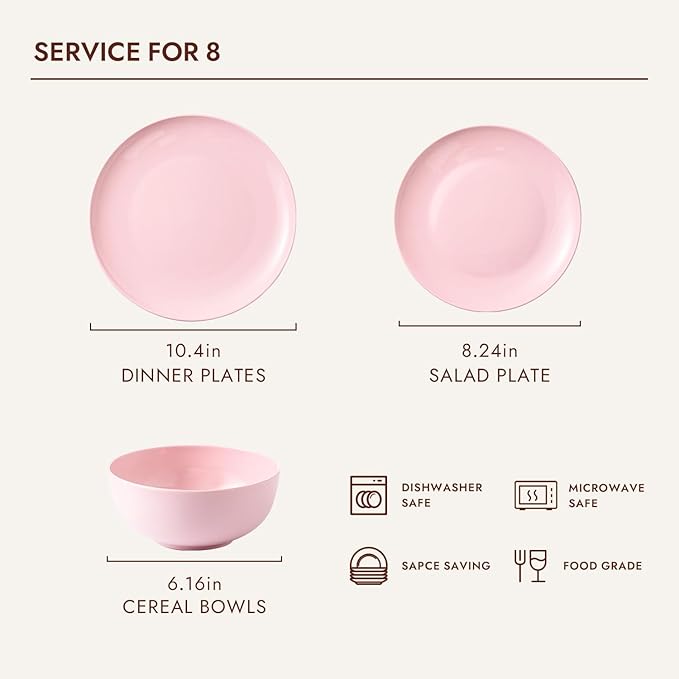 KINGSTONE 24-Piece Bone China Dinnerware Set for 8, Lightweight Porcelain Round Plates and Bowls Set, Durable Scratch Resistant Ceramic Dinner Set, Microwave & Dishwasher Safe, Sakura Pink