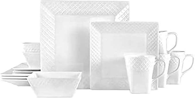 Mikasa Square Delray 16-Piece Bone China Dinnerware Set, Service for 4, White