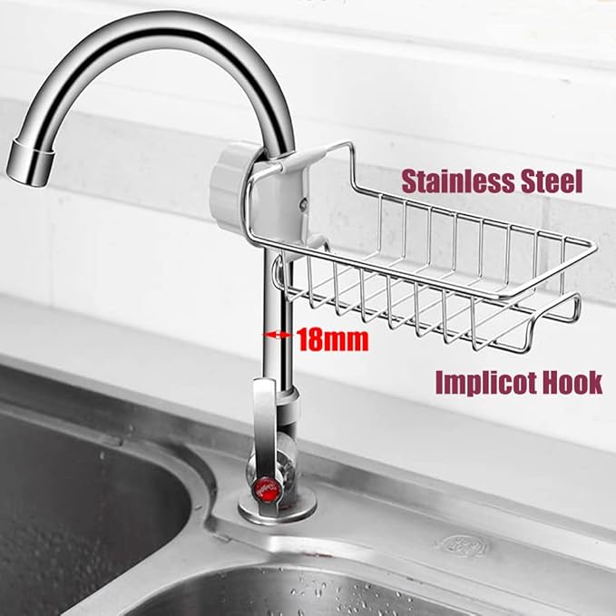 iPstyle Kitchen Sink Caddy Organizer Over Faucet Sponge Holder, Stainless Steel Heavy Duty Thickening Hanging Faucet Drain Rack for Scrubbers, Soap, Bathroom, Detachable No Suction Cup or Magnet