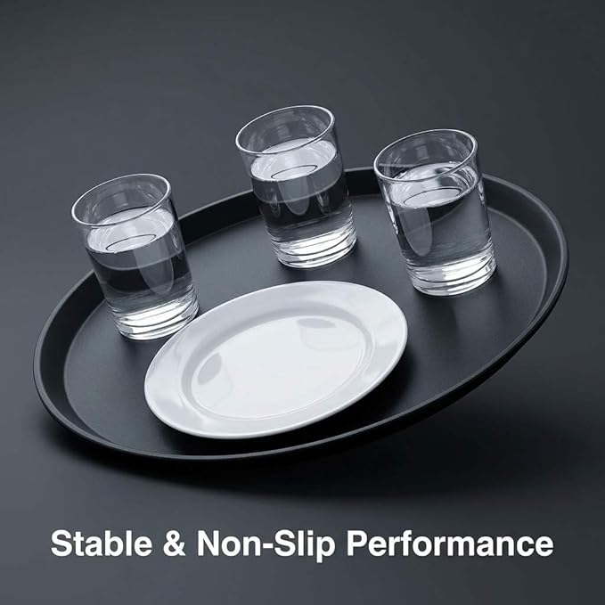 QWORK 16-Inch Round Non-Slip Serving Trays – 4 Pack Rubber Surface Plastic Tray Set for Restaurant, Café & Bar