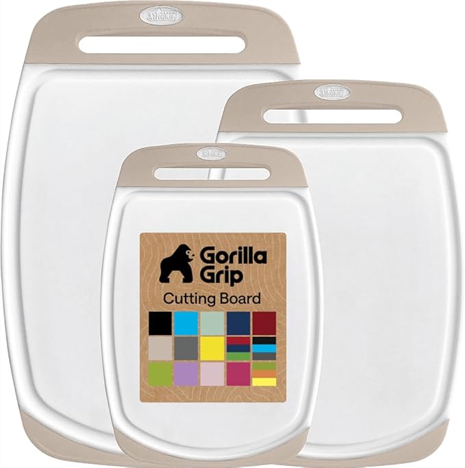 GORILLA GRIP BPA-Free Reversible Kitchen Cutting Board Set of 3, US Designed, Nonporous, Juice Grooves Catch Liquid, Slip Resistant Border, Dishwasher Safe, Durable Large Food Chopping Boards, Almond
