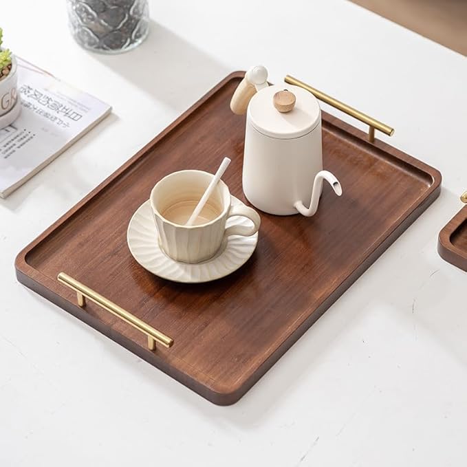 XZHXFX Bamboo Serving Tray with Gold Handles, Food Tray for Breakfast,Coffee Table,Dinner & Bar, Decorative Tray for Kitchen, Bedroom (Large)