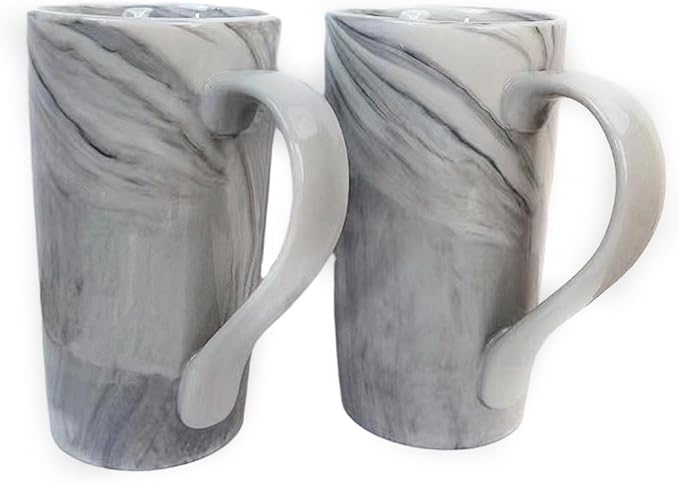20 OZ Large Coffee Mugs, Grey Marble Ceramic Tall Beer Cups with Handle Set of 2 600 ml Oversized Porcelain Bulk Big Tea Cup for Men Women Gifts Mom and Dad