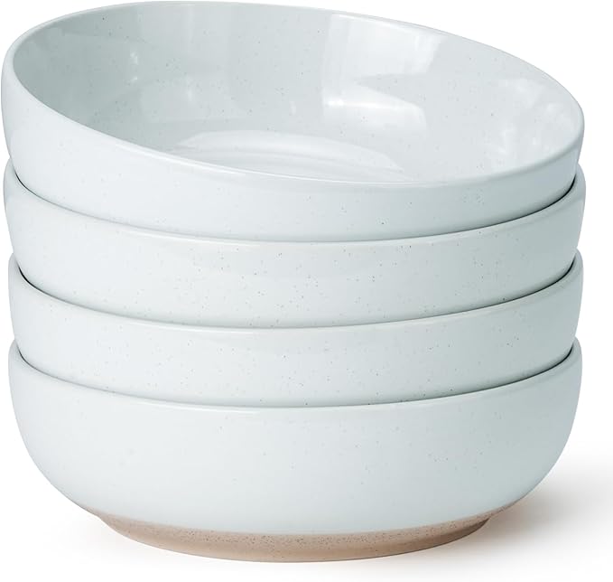 Metflavor Pasta Bowls Set of 4, 34oz Speckled Ceramic Bowls Set for Serving Salad, Pasta, Soup, Dinner, 8" Wide and Deep Bowls, Dishwasher & Microwave Safe, Matte Terracotta Base (Gray White)