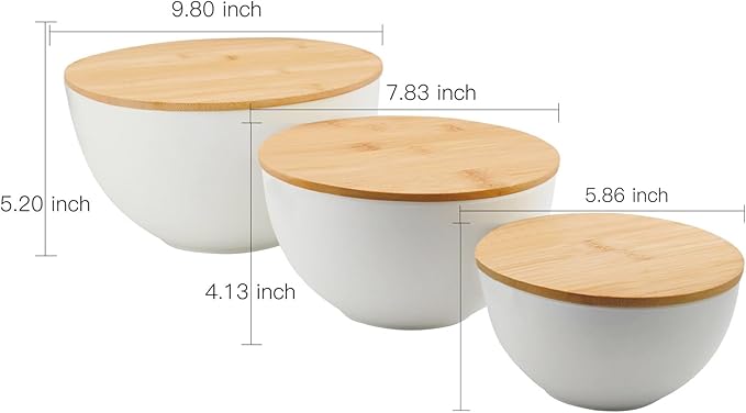 ECOWAY Salad Bowl Set of 3 with Bamboo Wooden Lids, Mixing Bowls Set, Nesting Bowls for Space Saving Storage, Made with Durable Eco-Friendly Bamboo Fiber, Great for Prepping and Serving Food, White