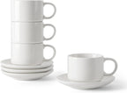 DOWAN 4 Ounce Porcelain Stackable Espresso Cups with Saucers Set of 4, White Espresso Cups for Home, Office and Cafe Use