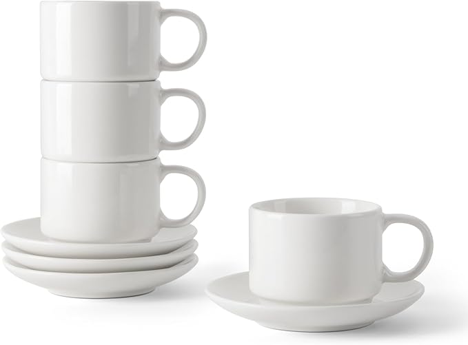 DOWAN 4 Ounce Porcelain Stackable Espresso Cups with Saucers Set of 4, White Espresso Cups for Home, Office and Cafe Use