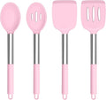 TeamFar Kitchen Utensils, 4 PCS Silicone Cooking Utensils Spatula Spoon Set with Stainless Steel Handle, for Frying Mixing Draining Turning, Healthy & Heat-proof, Non-stick & Dishwasher Safe - Pink