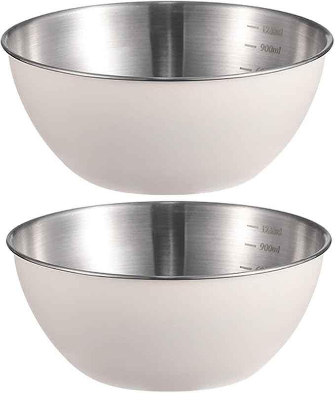 Stainless Steel Salad Bowls Set of 2 Mixing Bowl with Measurement Markings Snacks Bowls, Small 0.74 Quart White Serving Bowls for Mixing, Cooking, Prepping and Home Kitchen Food Storage Bowls