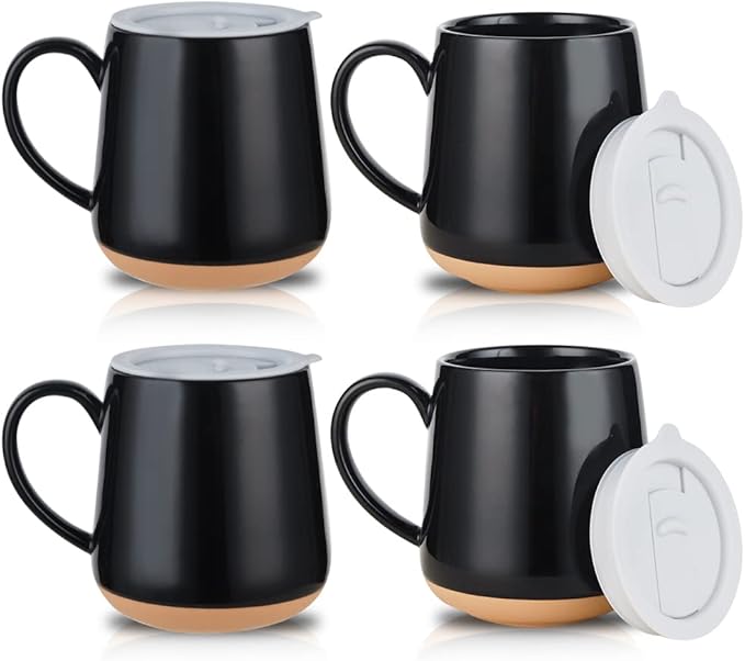 HVH Ceramic Coffee Mugs Set of 4, 17oz Large Mugs with Lid, Farmhouse Style (Black)