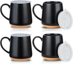 HVH Ceramic Coffee Mugs Set of 4, 17oz Large Mugs with Lid, Farmhouse Style (Black)