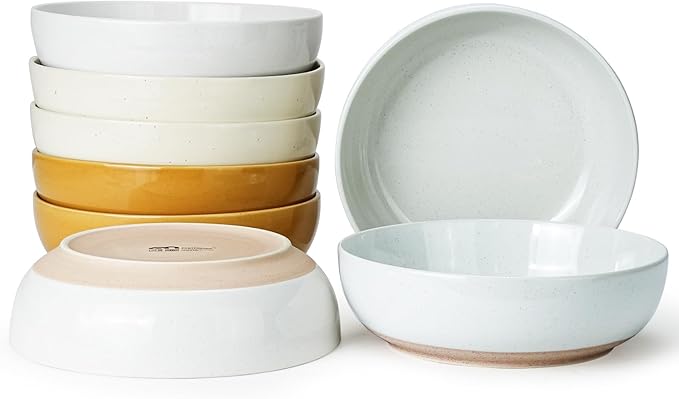 Metflavor Pasta Bowls Set of 8, 34oz Speckled Ceramic Bowls Set for Serving Salad, Pasta, Soup, Dinner, 8" Wide and Deep Bowls, Dishwasher & Microwave Safe, Matte Terracotta Base (Mixed Color)