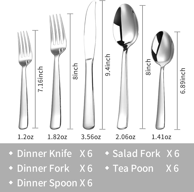 Silverware Set for 6, Prendcyx 30-Piece Heavy Duty Flatware Cutlery Set, 18/0 Food-Grade Stainless Steel Tableware Set, Dishwasher Safe for Home, Restaurant, Wedding, Party, Mirror Polished