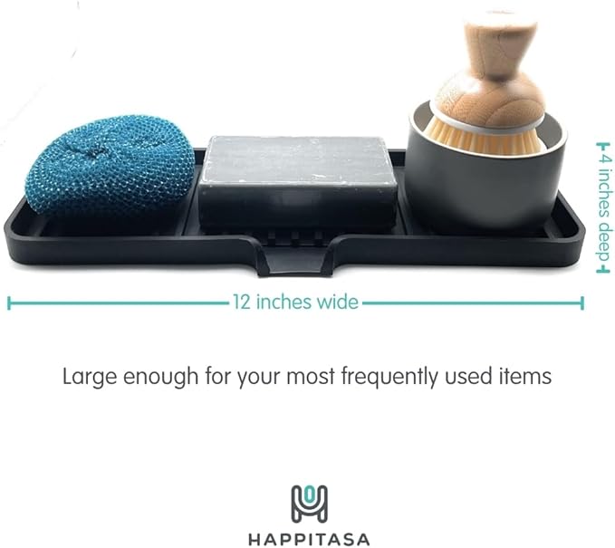 Happitasa Silicone Soap Dish Tray and Sponge Holder with Drain Chute | Bathroom and Kitchen Sink Organizer Caddy (Black, 12"x4", 7.4 Ounces)