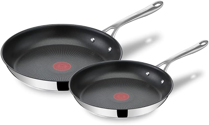 T-Fal x Jamie Oliver Nonstick Coated Stainless Steel Pans 9.5" & 11", Induction Compatible, Oven Safe up to 500°F, Chef's Stainless Steel Skillet, Frying Pan, Silver