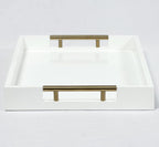 Serving Tray with Polished Metal Handles, 16.5''x12'' Rectangle Coffee Table Tray, Modern Decorative Tray, Large Ottoman Tray, Perfect for Storage and Display (White)