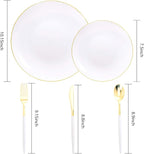 DaYammi 30 Guests Gold Plastic Plates with Disposable Silverware,Gold Cutlery with White Handle,White Disposable Dinnerware:60 Dinner/Dessert Plates,90 Plastic Silverware Set,Gold Plate for Party