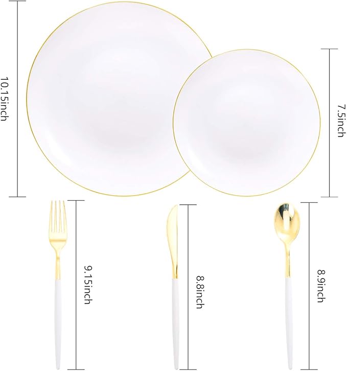 DaYammi 30 Guests Gold Plastic Plates with Disposable Silverware,Gold Cutlery with White Handle,White Disposable Dinnerware:60 Dinner/Dessert Plates,90 Plastic Silverware Set,Gold Plate for Party