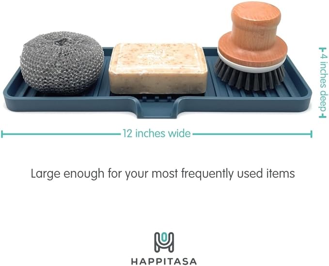 Happitasa Silicone Soap Dish Tray and Sponge Holder with Drain Chute | Bathroom and Kitchen Sink Organizer Caddy (Smoky Blue, 12"x4", 7.4 Ounces)