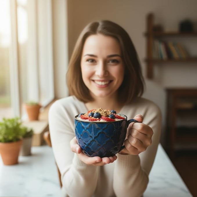 Ceramic Soup Bowl with Handle, 24 oz Microwave Safe Soup Mug/Cup with Lid, Large Ceramic Mug for Coffee, Cereal, Oatmeal, Salad, Ramen, Noodle, Soup, Set of 2 - Reactive Glaze Blue