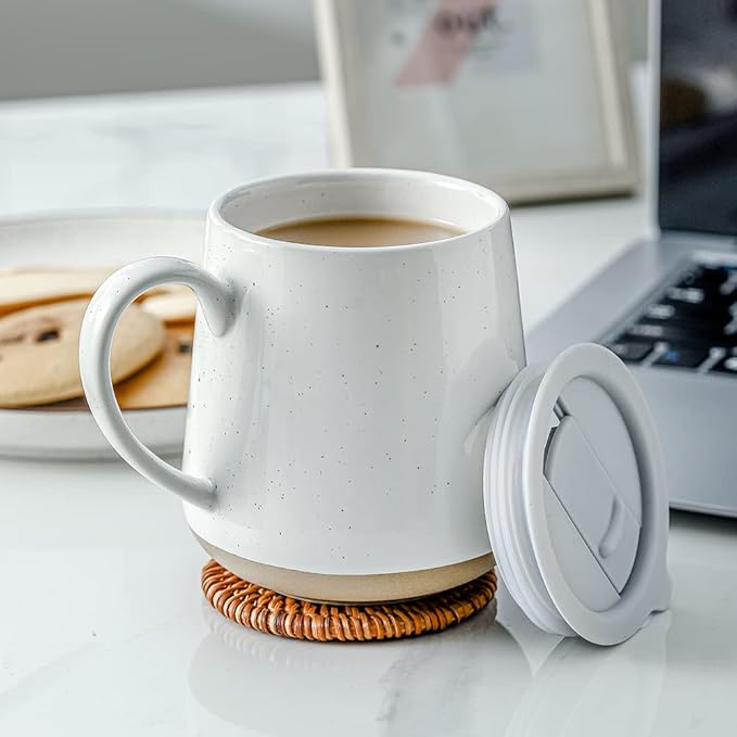 HVH Ceramic Coffee Mug With Lid, 17oz Set of 4, Large Handle Cups for Tea and More, Farmhouse Style (White)