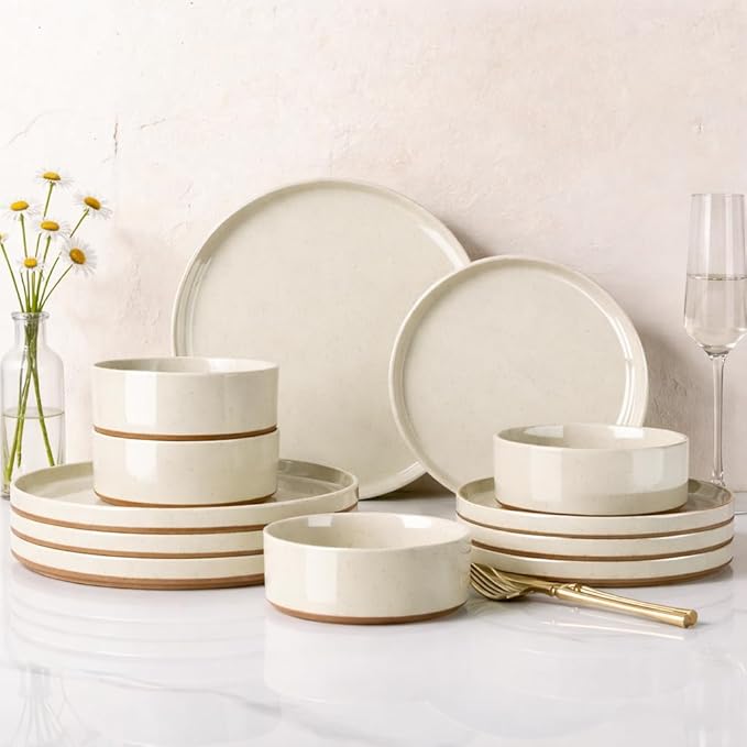 AmorArc Ceramic Dinnerware Set for 4 | Speckled Stoneware Plates and Bowls with unglazed terracotta | Scratch Resistant, Dishwasher & Microwave Safe Dishes Sets- 12-Pcs