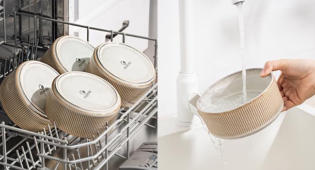 Ceramic Bowl Set of 4-22oz Cereal and Soup Bowls, Microwave and Dishwasher Safe, For Oatmeal, Salad, Pasta, Dessert and Fruit, Beige