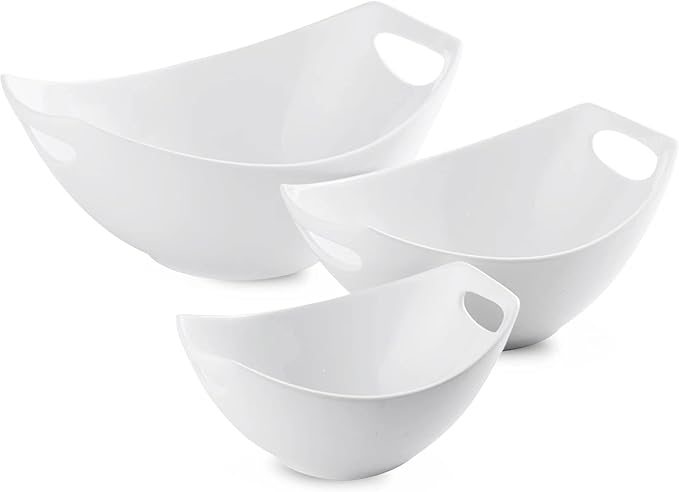 LAUCHUH Serving Bowls with Handles, Porcelain Serving Dishes White Nesting Bowls Mixing Bowl Set Salad Bowls for Easter, Entertaining, Party, Mother's Day, Baby Shower, Set of 3, 15/28/49 oz