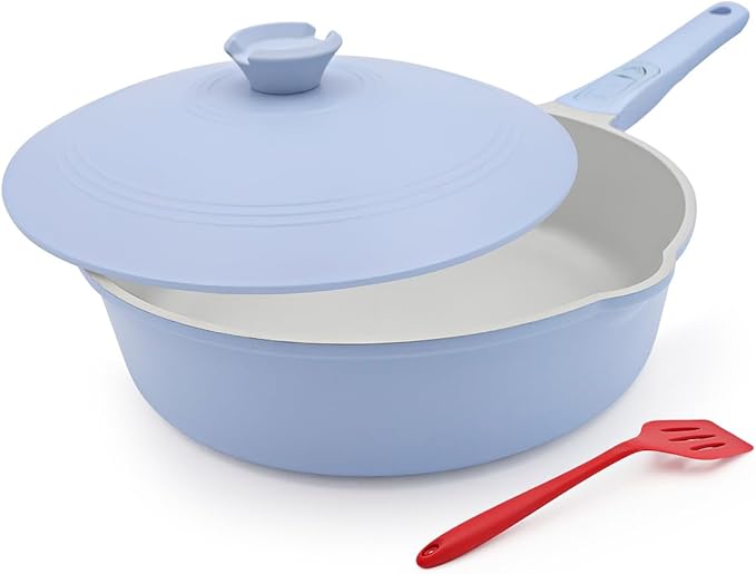 12 Inch Nonstick Saute Pan with Lid, Ceramic Large Deep Frying Pans Skillet Nonstick, 5 Qt Non Stick Sauté Pan, Compatible with All Stoves, Detachable Handle, Oven Safe, PFOA Free, Blue