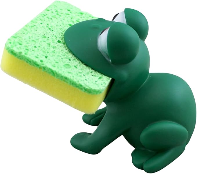 Animal Shape Novelty Kitchen Sponge Holder and Sponge Choice of Frog or Duck (Green Frog)