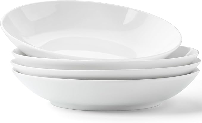 Bone China Pasta Bowls Set of 4, 23.5oz Soup Bowls White Salad Bowl, 8 inch Pasta Bowls Lightweight Wide Shallow Kitchen Plates for Serving Dinner - Microwave Dishwasher Safe, Kitchen Gifts
