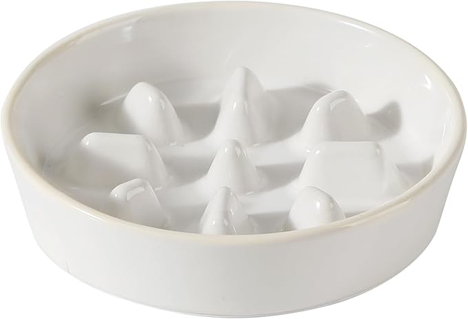 Havniva Ceramic 1.2 Cup Dog Bowl Slow Feeder, 7.3 inch Slow Pet Food Dish for Medium and Small Dog, Stop Bloat, Preventing Choking(Single Bowl, Reactived Glaze -White)