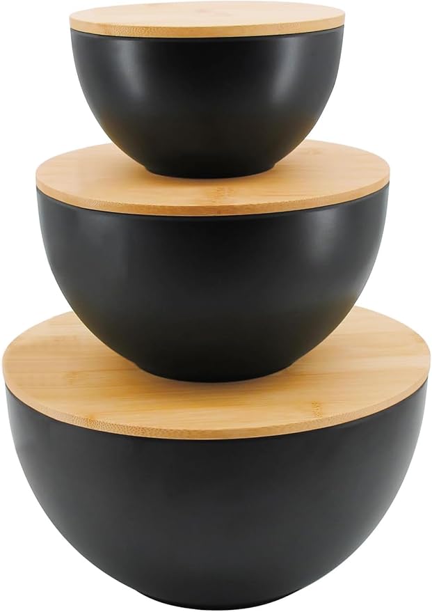 ECOWAY Salad Bowl Set of 3 with Bamboo Wooden Lids, Mixing Bowls Set, Nesting Bowls for Space Saving Storage, Made with Durable Eco-Friendly Bamboo Fiber, Great for Prepping and Serving Food, Black