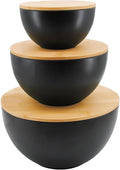 ECOWAY Salad Bowl Set of 3 with Bamboo Wooden Lids, Mixing Bowls Set, Nesting Bowls for Space Saving Storage, Made with Durable Eco-Friendly Bamboo Fiber, Great for Prepping and Serving Food, Black