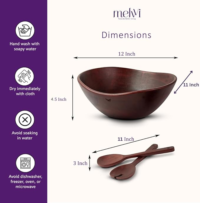 Melvvi Large Wooden Salad Bowl Set with 2 Serving Utensils | 12" Acacia Wood Royal Brown color Bowls for Food | Great Gift for Mothers Day (Royal Set of 3)