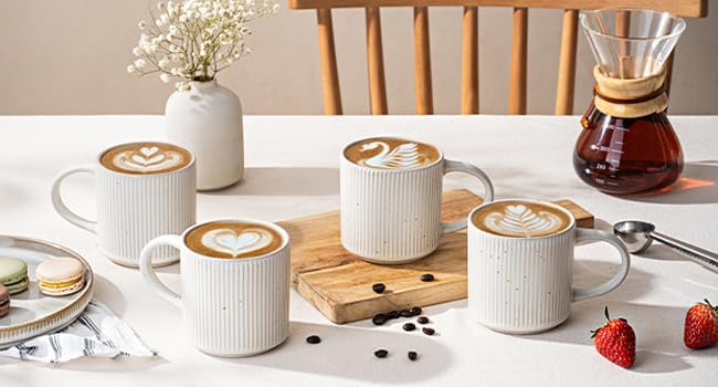 Coffee Mug Set for 4-12oz Ceramic Stoneware Mugs for Coffee, Tea, Cocoa, Microwave & Dishwasher Safe, Speckled White
