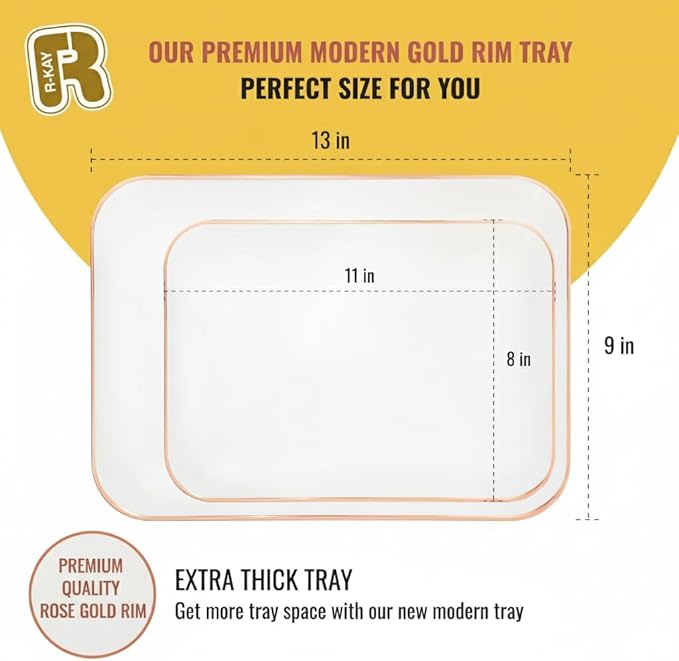 3 Pack Rose Gold Plastic Serving Trays for Party - Rose Gold Serving Tray 8 x 11 Inch - Heavy Duty Dessert Trays for Food - Rectangular Party Serving Trays for Entertaining